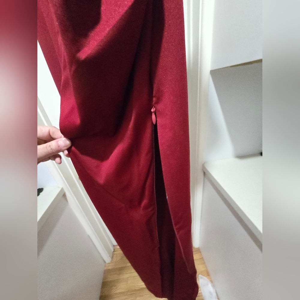 Burgundy V-Neck Maxi Dress, Tulip Sleeves, Adjustable Side Slit Sz 16 - Picture 12 of 14